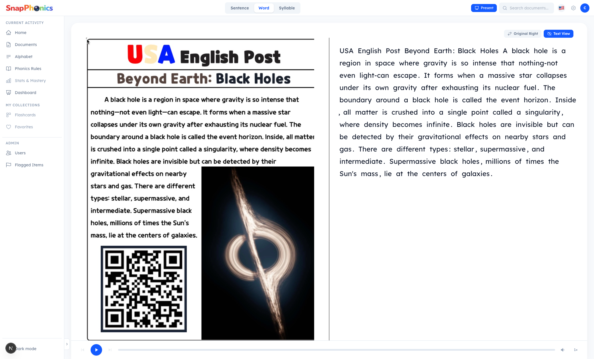 SnapPhonics split screen showing document and phonics analysis side by side